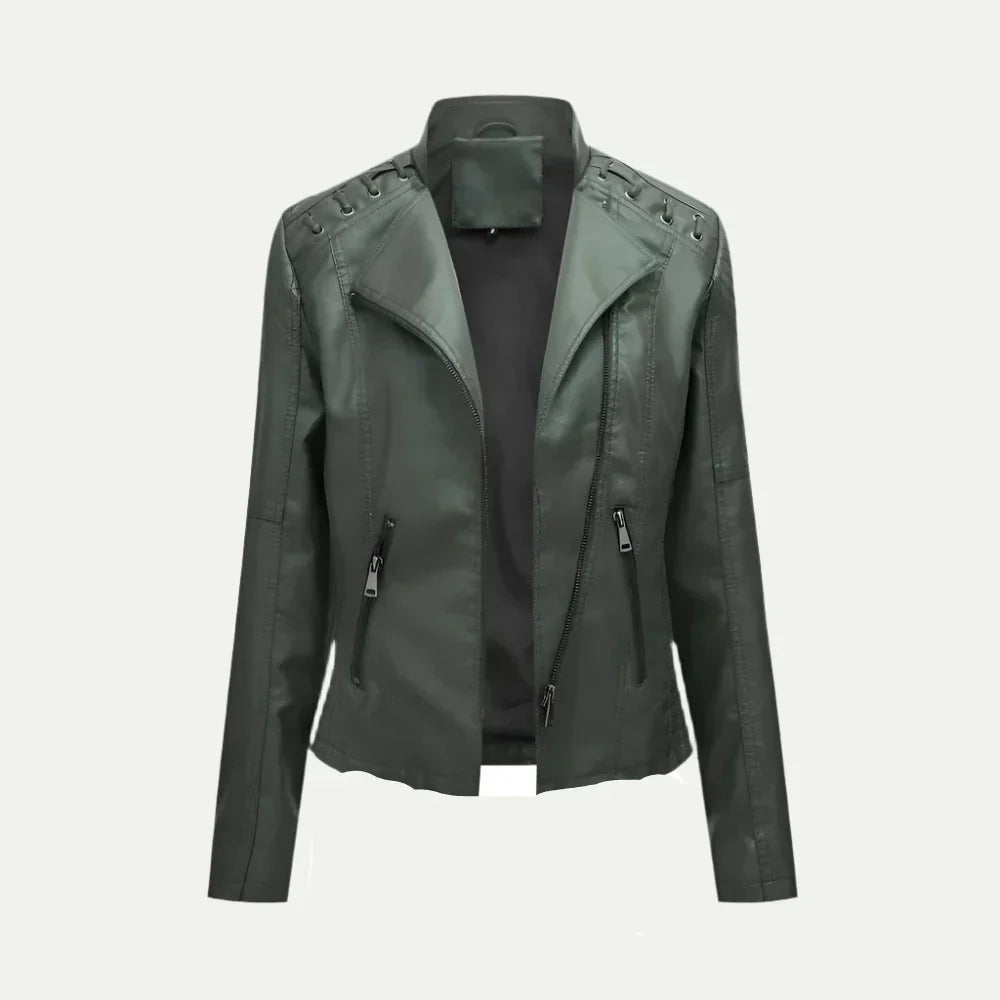 Damen Lederjacke – Asymmetrischer Reißverschluss & Stepp-Schulterdetails