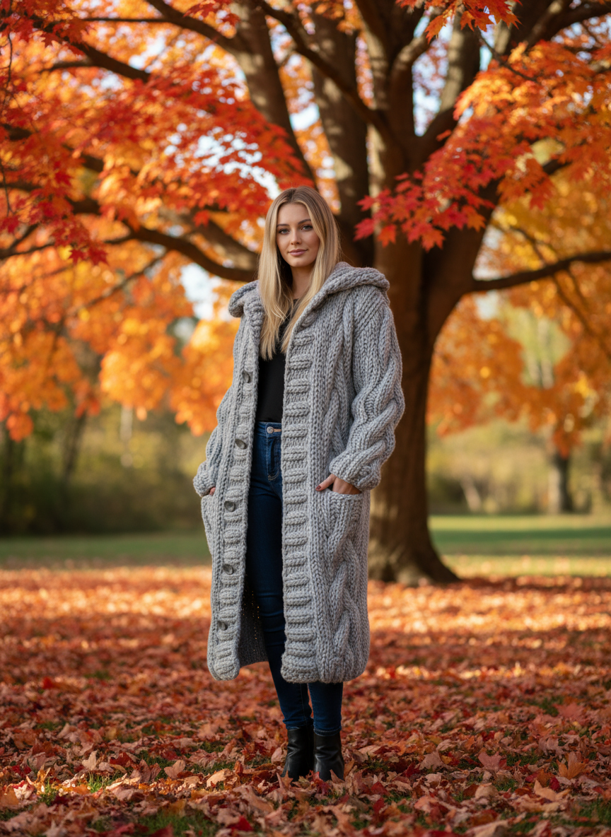 Damen Kapuzen Lang Winter Cardigan