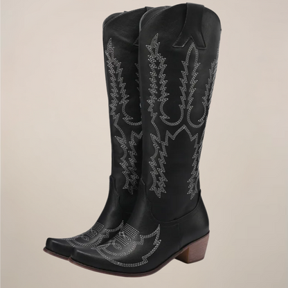 Damen Kniehohe Bestickte Westernstiefel mit Blockabsatz 1