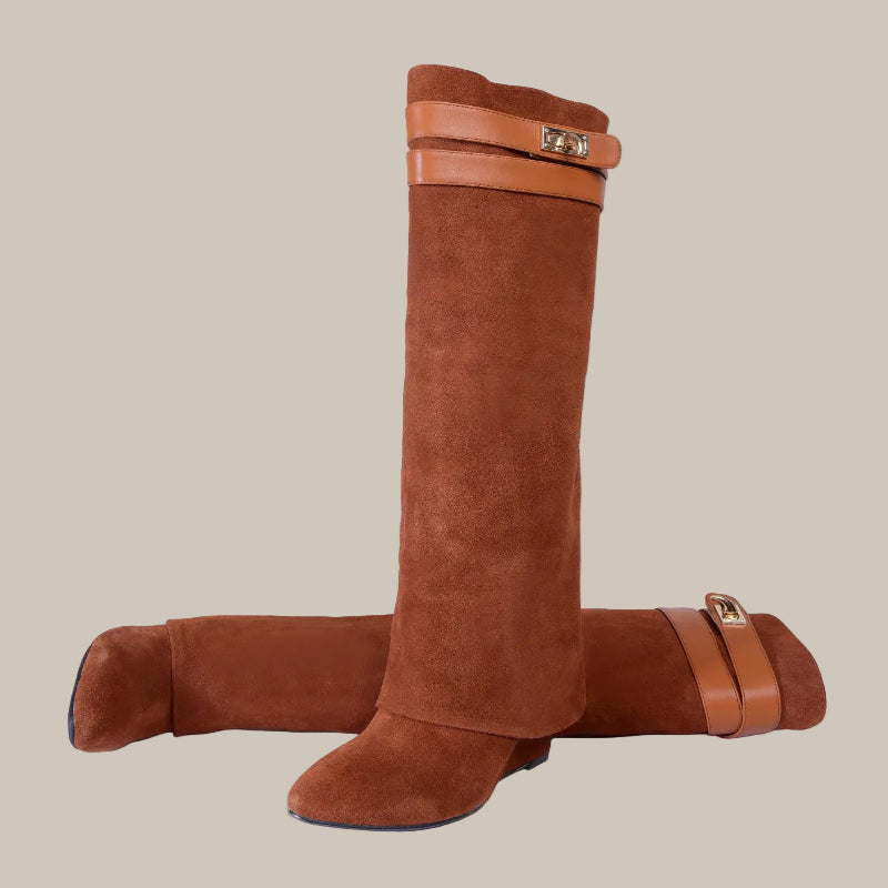 Damen Kniehohe Lederstiefel mit Haifischschloss-Detail 1