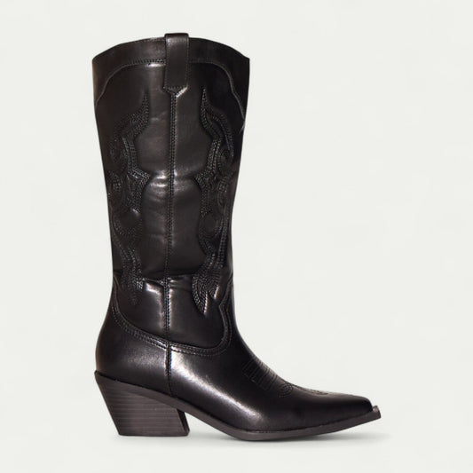 Damen Schwarze Kniehohe Westernstiefel Mit Stickerei 0
