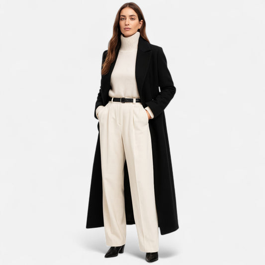 Damen Schwarzer Maxi-Mantel – Maßgeschneiderte Longline-Oberbekleidung für elegante All-Season-Looks
