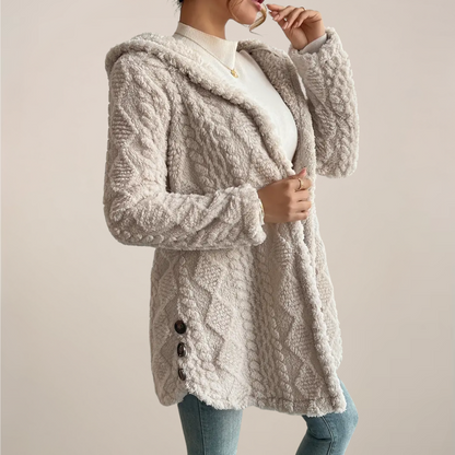 Damen Creme Kapuzen Jacquard Plüschmantel – Warme Ganzjahres Cardigan Jacke
