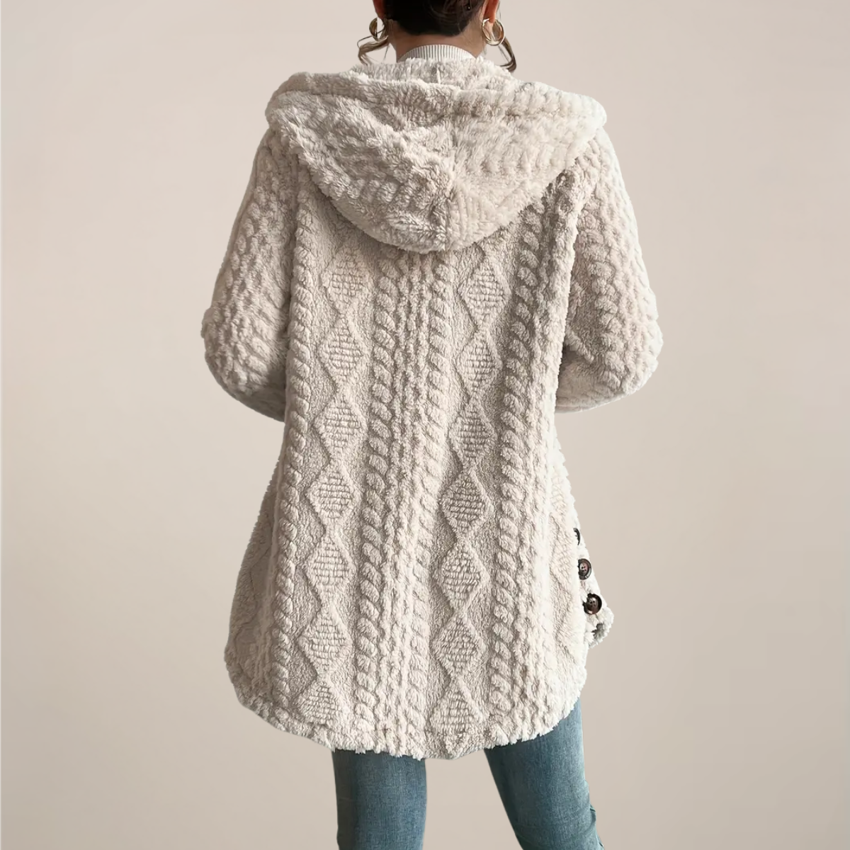 Damen Creme Kapuzen Jacquard Plüschmantel – Warme Ganzjahres Cardigan Jacke