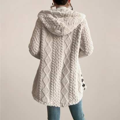 Damen Creme Kapuzen Jacquard Plüschmantel – Warme Ganzjahres Cardigan Jacke