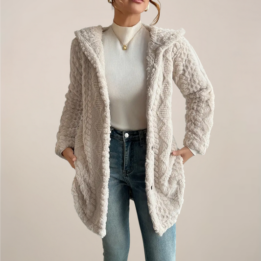 Damen Creme Kapuzen Jacquard Plüschmantel – Warme Ganzjahres Cardigan Jacke