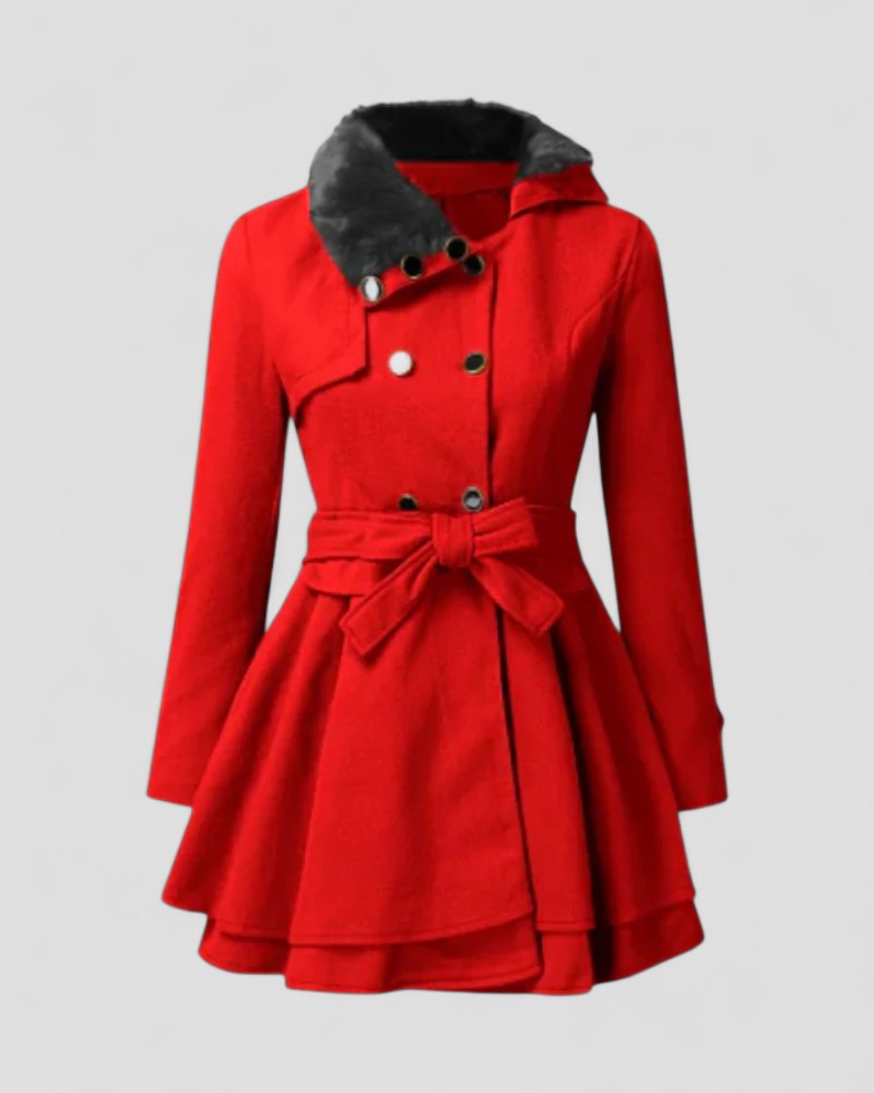 Damen Doppelreihiger Wintermantel mit Gürtel – Eleganz mit Pelzkragen
