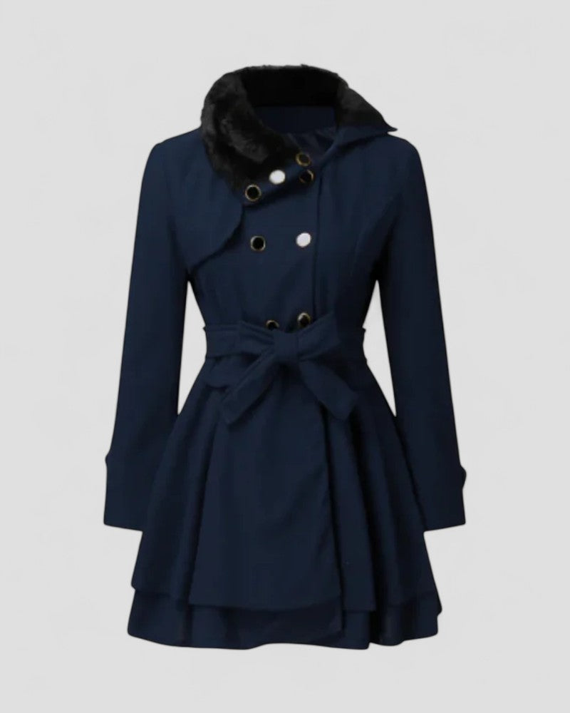 Damen Doppelreihiger Wintermantel mit Gürtel – Eleganz mit Pelzkragen