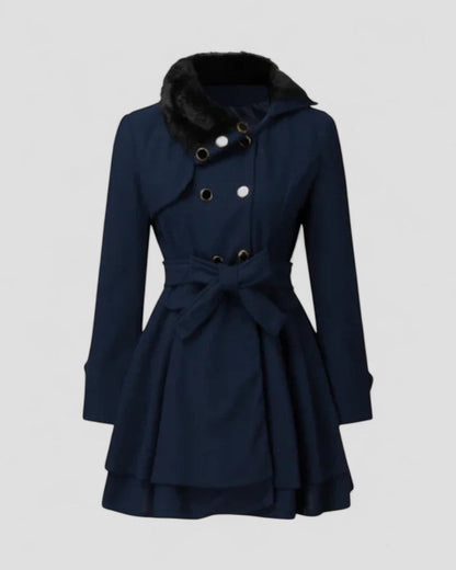 Damen Doppelreihiger Wintermantel mit Gürtel – Eleganz mit Pelzkragen