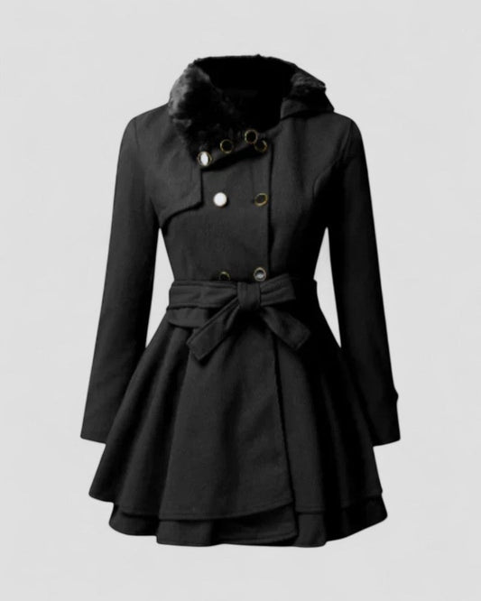 Damen Doppelreihiger Wintermantel mit Gürtel – Eleganz mit Pelzkragen