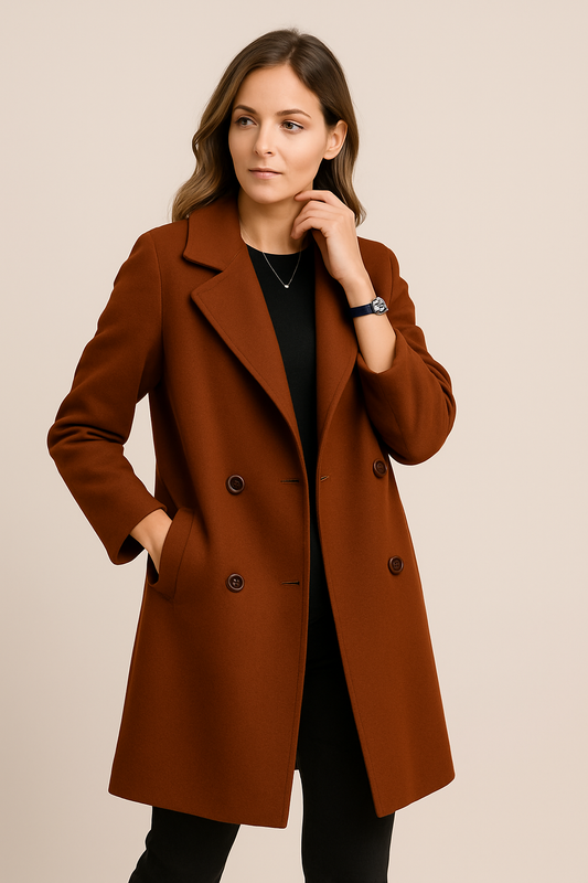 Damen Doppelreihiger Lange Mantel mit Breiten Revers – Smart Casual und Formal