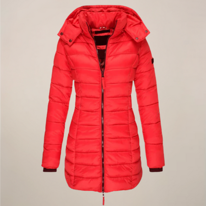 Damen Lange Pufferjacke – Mit Kapuze – Slim Fit – Wintermantel