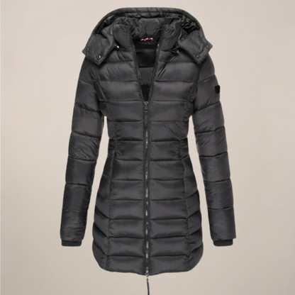 Damen Lange Pufferjacke – Mit Kapuze – Slim Fit – Wintermantel