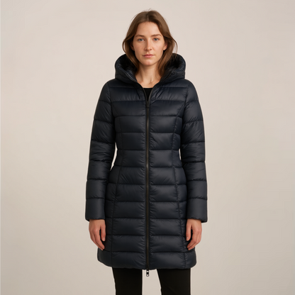 Damen Lange Pufferjacke – Mit Kapuze – Slim Fit – Wintermantel