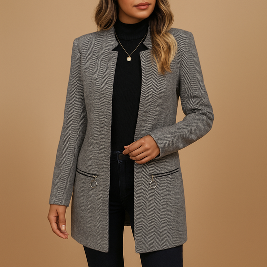Damen Bedruckte Tailored Jacke – Slim Fit mit Strukturierten Schultern und Reißverschlussdetails