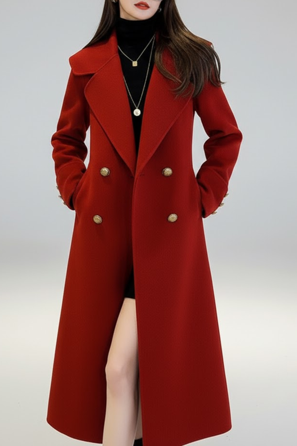 Damen Roter Doppelreihiger Langer Trenchcoat – Eleganter Wintermantel