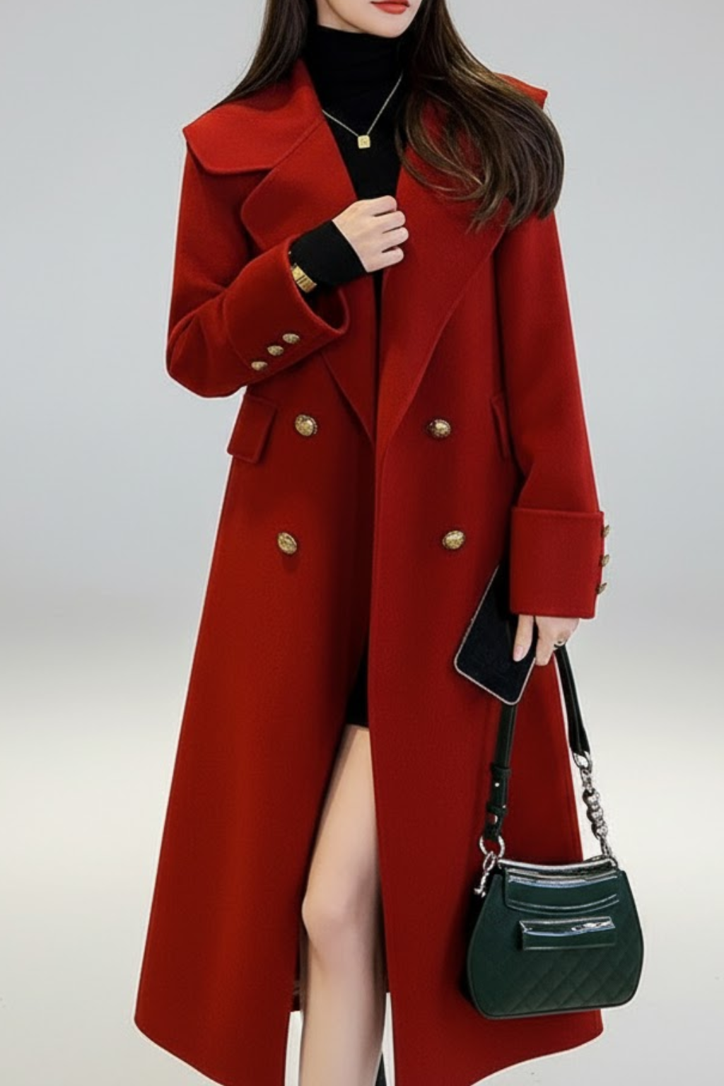 Damen Roter Doppelreihiger Langer Trenchcoat – Eleganter Wintermantel