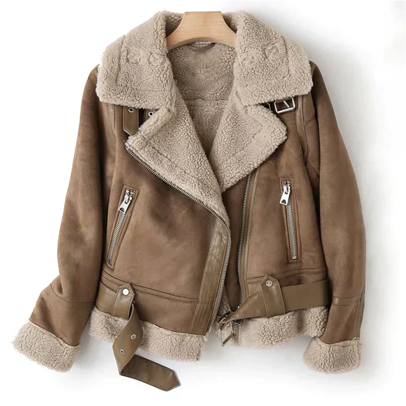 Damen Shearling Bikerjacke – Sherpa-Futter mit Gürtelabschluss