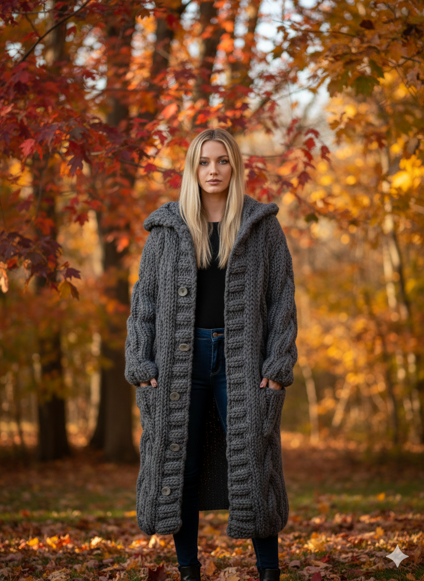 Damen Kapuzen Lang Winter Cardigan