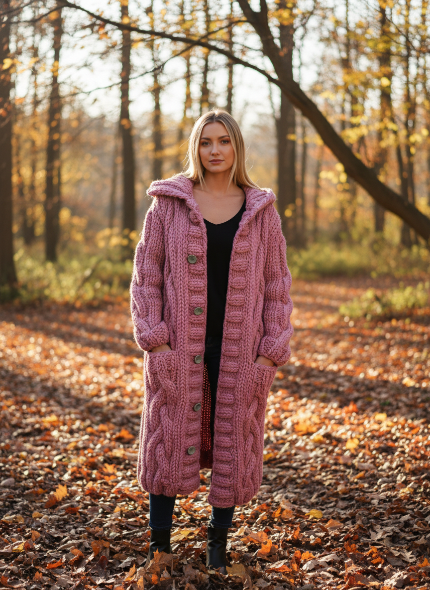 Damen Kapuzen Lang Winter Cardigan